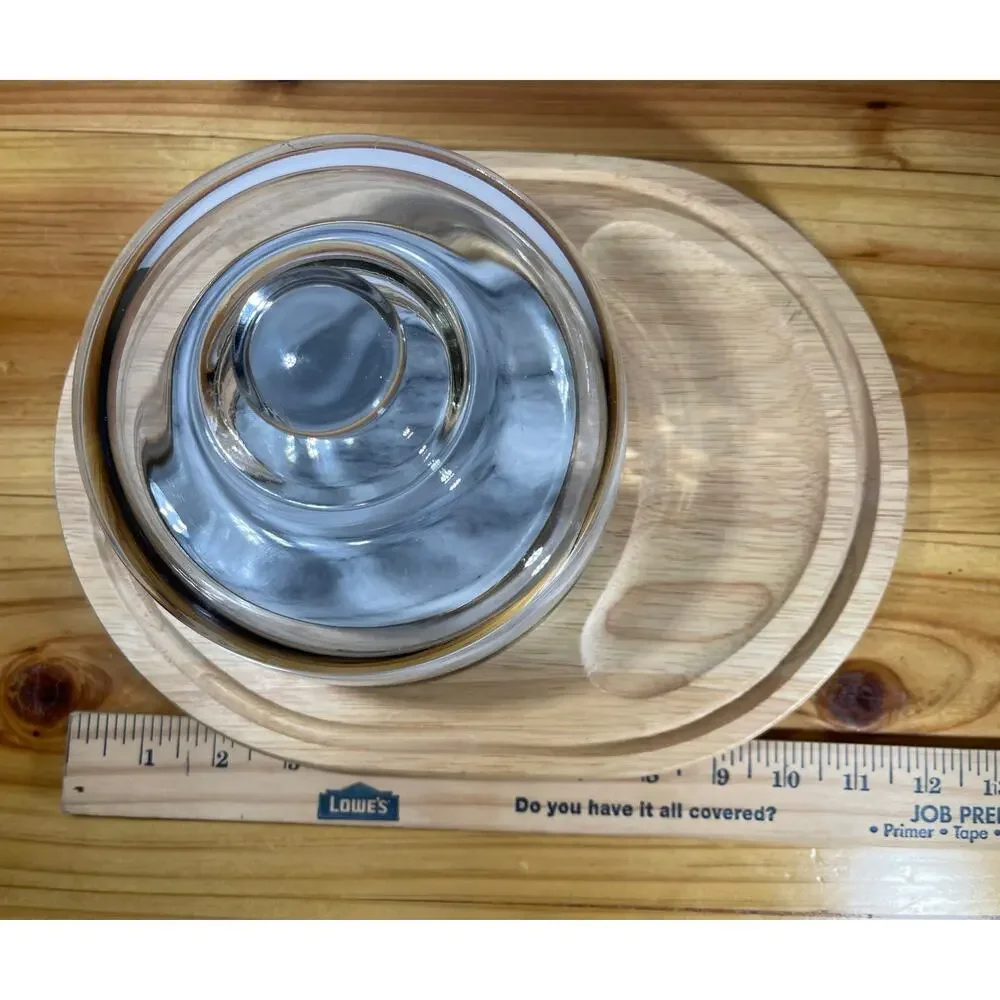 Vintage Teakwood Cheese Server with Glass Dome Marble Center